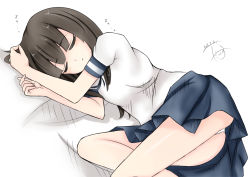 Rule 34 | 1girl, :o, absurdres, arms up, ass, blue skirt, brown hair, commentary request, dakkusu, dated, closed eyes, facing viewer, hatsuyuki (kancolle), highres, kantai collection, long hair, lying, on side, panties, parted lips, pleated skirt, puffy short sleeves, puffy sleeves, school uniform, serafuku, shirt, short sleeves, signature, skirt, solo, translation request, underwear, white panties, white shirt