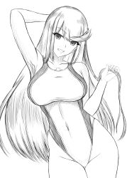 Rule 34 | 1girl, alternate costume, arm behind head, armpit crease, armpits, bare shoulders, commentary request, covered navel, greyscale, groin, highres, long hair, looking at viewer, minakami miyon, monochrome, mythra (xenoblade), one-piece swimsuit, simple background, smile, solo, standing, swimsuit, teeth, white background, xenoblade chronicles (series), xenoblade chronicles 2