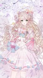 Rule 34 | 1girl, angel, angel wings, animal ears, bad id, bad pixiv id, beads, bear hair ornament, blonde hair, blue bow, bow, braid, branch, cat ears, cherry blossom print, cherry blossoms, cowboy shot, detached sleeves, dress, dress bow, feathered wings, floral print, frilled bow, frilled dress, frilled sleeves, frills, green eyes, hair beads, hair bow, hair ornament, halo, lace, lace-trimmed dress, lace trim, long hair, long sleeves, open mouth, original, pink bow, pink dress, pink sleeves, qianqianjie, rabbit hair ornament, sleeve bow, sleeveless, sleeveless dress, smile, solo, spaghetti strap, star (symbol), striped, striped bow, third-party source, twin braids, very long hair, wavy hair, white background, white wings, wide sleeves, wings, yellow halo