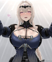 Rule 34 | 1girl, archstreal, bare shoulders, belt, bianca: stigmata (punishing: gray raven), bianca (punishing: gray raven), black gloves, black leotard, blush, braid, braided ponytail, breasts, cleavage, elbow gloves, gauntlets, gloves, grey hair, hair ornament, highres, large breasts, leotard, long hair, looking at viewer, mole, mole under eye, open mouth, outstretched arms, punishing: gray raven, purple eyes, sidelocks, smile, solo