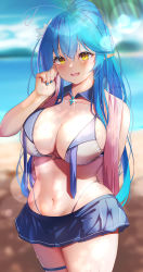 Rule 34 | 1girl, absurdres, ahoge, arm behind back, beach, bikini, blue hair, blue nails, blush, breasts, cleavage, collarbone, colored tips, elf, flower, hair between eyes, hair flower, hair ornament, hand up, heart, heart ahoge, high ponytail, highres, hololive, large breasts, long hair, looking at viewer, multicolored hair, nail polish, navel, open mouth, outdoors, pointy ears, sanasedayo, smile, solo, standing, streaked hair, summer, swimsuit, thigh strap, very long hair, virtual youtuber, yellow eyes, yukihana lamy