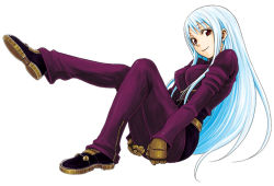 Rule 34 | 1girl, blue hair, bodysuit, coelacanth (gyotaku), gloves, kula diamond, leg up, long hair, looking at viewer, red eyes, simple background, sitting, smile, snk, solo, the king of fighters, white background