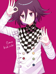 Rule 34 | 1boy, absurdres, black scarf, blush, character name, checkered clothes, checkered neckwear, checkered scarf, closed mouth, commentary request, danganronpa (series), danganronpa v3: killing harmony, double ok sign, hair between eyes, highres, jacket, long sleeves, looking at viewer, male focus, multicolored hair, nk (dzzx8334), ok sign, oma kokichi, pink background, pink hair, purple eyes, purple hair, scarf, short hair, simple background, smile, solo, straitjacket, upper body, white jacket, white scarf