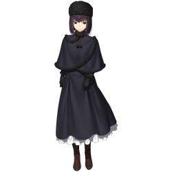 Rule 34 | 1girl, black dress, black eyes, black hair, boots, brown footwear, capelet, closed mouth, dress, fate/grand order, fate (series), game cg, gloves, hat, kuonji alice, long sleeves, mahou tsukai no yoru, official art, short hair, skirt, solo, transparent background, white skirt