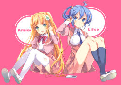 Rule 34 | 2girls, :d, ahoge, amiami (shop), amico, amico (amiami), argyle, argyle clothes, argyle cutout, black legwear, blonde hair, blue eyes, blue hair, blue necktie, blush, bow, bowtie, character name, clothing cutout, crossed legs, digital media player, earphones, full body, green eyes, hair ornament, highres, juliet sleeves, knees up, lightning bolt symbol, lilco, lilco (amiami), long hair, long sleeves, looking at viewer, multiple girls, necktie, open mouth, pink background, puffy sleeves, red bow, school uniform, shared earphones, shoes, simple background, sitting, skirt, smile, socks, thighhighs, twintails, two side up, uwabaki, white legwear, yumekui