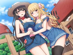 Rule 34 | 2girls, artificial vagina, bandana, black hair, black legwear, blonde hair, blush, braid, breasts, cellphone, cleavage, commentary request, cum, female focus, from below, gloves, hair ornament, hair scrunchie, highres, large breasts, long hair, looking at viewer, multiple girls, nakamura sumikage, naked overalls, non-web source, one side up, open mouth, original, outdoors, overalls, phone, pink bandana, pink neckwear, pink scrunchie, rake, red bandana, red neckwear, scarf, scrunchie, sex toy, siblings, sideboob, smartphone, smile, source request, sweat, sweatdrop, thighhighs, twins, unworn gloves, white gloves