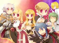 Rule 34 | 3girls, 4boys, armor, assassin cross (ragnarok online), aura (a440), bare pectorals, belt, bio lab, black gloves, black pants, black shirt, blonde hair, blue hair, blush, breastplate, breasts, brooch, brown cape, cape, cecil damon, chainmail, cleavage, closed eyes, closed mouth, commentary request, constricted pupils, cowboy shot, crop top, cross, cup, double bun, dress, eremes guile, evil smile, eyes visible through hair, fingerless gloves, fur-trimmed cape, fur-trimmed crop top, fur-trimmed gloves, fur-trimmed shorts, fur trim, garter straps, gloves, gradient background, green hair, hair between eyes, hair bun, hands on own hips, high collar, high priest (ragnarok online), high wizard (ragnarok online), howard alt-eisen, jewelry, kathryne keyron, lab coat, long hair, long sleeves, looking at another, looking at viewer, looking back, lord knight (ragnarok online), margaretha sorin, medium breasts, midriff, multiple boys, multiple girls, navel, open mouth, pants, pauldrons, pectorals, ragnarok online, reaching, reaching towards viewer, red cape, red dress, red eyes, red scarf, scalpel, scarf, scientist, seyren windsor, shaded face, shirt, short hair, short shorts, shorts, shoulder armor, smile, sniper (ragnarok online), standing, stirring, strapless, strapless dress, teeth, thighhighs, tongue, tongue out, torn clothes, torn scarf, torn shirt, two-tone dress, upper body, upper teeth only, white dress, white hair, white legwear, white shirt, whitesmith (ragnarok online), wolfchev, yellow gloves, yellow shirt, yellow shorts
