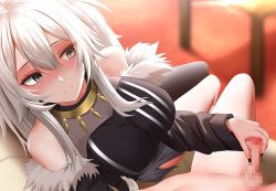 Rule 34 | 1boy, 1girl, bare shoulders, black jacket, black nails, black pantyhose, black shirt, black thighhighs, blush, breasts, censored, cleavage, clothed female nude male, fur-trimmed jacket, fur trim, ginhaha, glansjob, grey eyes, grey hair, grey skirt, hair between eyes, handjob, hetero, hololive, jacket, jewelry, large breasts, lion girl, lion tail, long hair, looking at viewer, miniskirt, mosaic censoring, nail polish, necklace, nude, pantyhose, penis, pov, see-through, see-through cleavage, shirt, shishiro botan, shishiro botan (1st costume), single leg pantyhose, skin tight, skirt, sleeveless, sleeveless shirt, smile, solo focus, tail, teeth, testicles, thighhighs, virtual youtuber, zipper skirt