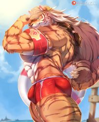 Rule 34 | 1boy, abs, absurdres, animal ears, ass, bara, bare pectorals, baseball cap, booboo (19816236), bulge, ears through headwear, from side, furry, furry male, hat, highres, huge filesize, innertube, large pectorals, lifeguard, light brown hair, long hair, looking at viewer, male focus, male swimwear, mature male, muscular, muscular male, nipples, pang (sdorica), pectorals, red male swimwear, sdorica, solo, stomach, sunlight, swim ring, swim trunks, tail, thick eyebrows, thick thighs, thighs, tiger boy, tiger ears, tiger tail