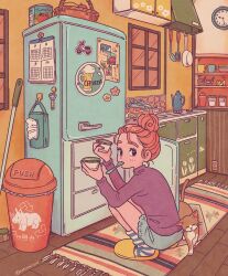 Rule 34 | 1girl, apple, arrow (symbol), artist name, basket, black eyes, blue shorts, blush, bottle opener, bowl, broom, cabinet, calendar (object), cat, clock, closed mouth, coffee pot, commentary request, cup, electrical outlet, eyelashes, faucet, food, fruit, frying pan, hair bun, hands up, highres, holding, holding cup, indoors, jar, kitchen, kitchen hood, ladle, long sleeves, looking at viewer, looking back, magnet, mouth hold, mug, natsumi color, orange hair, original, purple shirt, recycling symbol, refrigerator, refrigerator magnet, rug, shelf, shirt, short shorts, shorts, single hair bun, sink, slippers, soap bottle, socks, solo, spatula, spoon, squatting, sticker, stove, striped clothes, striped socks, tissue, tissue box, trash can, turtleneck, twitter username, utensil in mouth, wall clock, window, yellow footwear
