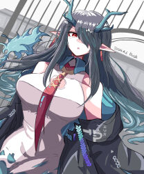 Rule 34 | 1girl, aqua hair, aqua horns, aqua jacket, arknights, bare shoulders, black hair, black jacket, breasts, character name, cleavage cutout, clothing cutout, collared dress, cowboy shot, dated, dragon girl, dragon horns, dress, dusk (arknights), earrings, gnome (gnome 0000), hair over one eye, highres, horns, jacket, jewelry, long hair, looking at viewer, medium breasts, multicolored hair, necktie, off shoulder, one eye covered, open clothes, open jacket, parted lips, pointy ears, red eyes, red necktie, sidelocks, sleeveless, sleeveless dress, solo, two-sided fabric, two-sided jacket, two-tone hair, white dress