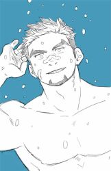 Rule 34 | 1boy, bandaid, bandaid on face, bandaid on nose, bara, blue background, facial hair, goatee, greyscale with colored background, grin, kuruaki (jumpondaddy), kyoichi (live a hero), large pectorals, live a hero, looking at viewer, male focus, multicolored hair, muscular, muscular male, nude, pectorals, short hair, smile, solo, streaked hair, thick eyebrows, upper body