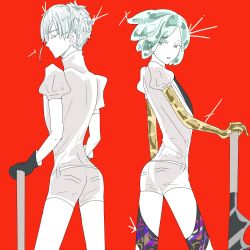 Rule 34 | 2others, alternate costume, androgynous, antarcticite, colored eyelashes, colored skin, gem uniform (houseki no kuni), gloves, golden arms, green eyes, green hair, gyu nba32, highres, houseki no kuni, looking back, multiple others, necktie, phosphophyllite, red background, short hair, smile, spoilers, sword, weapon, white eyes, white hair, white skin