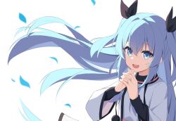 Rule 34 | 1girl, :d, absurdres, black bow, blue eyes, blue hair, bow, dress, floating hair, hair between eyes, hair bow, highres, long hair, long sleeves, noel (sora no method), open mouth, own hands together, petals, shasha (shasha159357), smile, solo, sora no method, twintails, upper body, very long hair, white background, white dress