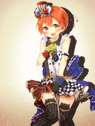 Rule 34 | 10s, 1girl, :3, :d, black gloves, black thighhighs, blush, cafe maid (love live!), checkered clothes, checkered skirt, earrings, gloves, hat, highres, hoshizora rin, jewelry, looking at viewer, love live!, love live! school idol festival, love live! school idol project, microphone stand, mini hat, mini top hat, mofun, musical note, open mouth, pinstripe pattern, short hair, skirt, sleeveless, smile, solo, striped clothes, striped thighhighs, thighhighs, top hat, treble clef, vertical-striped clothes, vertical-striped thighhighs, yellow eyes