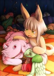 Rule 34 | artist request, brown eyes, rabbit, furry, highres, made in abyss, mitty (made in abyss), nanachi (made in abyss), open mouth, white hair