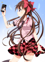 Rule 34 | 1girl, brown hair, cellphone, checkered clothes, checkered skirt, feathers, grin, himekaidou hatate, necktie, panties, pantyshot, phone, purple eyes, ribbon, ruu (tksymkw), short hair, skirt, smartphone, smile, solo, standing, touhou, twintails, underwear, upskirt