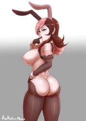 Rule 34 | 1girl, absurdres, aestheticc-meme, animal ears, artist name, ass, back, breasts, brown eyes, brown hair, butt crack, fake animal ears, female focus, finger in own mouth, from behind, gloves, hand on own hip, heterochromia, highres, large breasts, leotard, long hair, looking at viewer, matching hair/eyes, meme attire, multicolored hair, neo politan, nipples, pink eyes, pink hair, playboy bunny, rabbit ears, reverse bunnysuit, reverse outfit, rwby, sideboob, solo, standing, two-tone hair, wrist cuffs