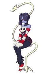 Rule 34 | 1girl, bare shoulders, blue skin, colored skin, detached collar, detached sleeves, ganno, hair over one eye, highres, leviathan (skullgirls), red eyes, side ponytail, sitting, skullgirls, squigly (skullgirls), stitched mouth, stitches, striped clothes, striped sleeves, striped thighhighs, thighhighs, zombie, zombie girl