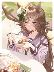 Rule 34 | 1girl, absurdres, ahoge, animal ears, blush, border, bow, bowl, brown hair, chopsticks, closed mouth, commentary request, eighth note, green eyes, hair between eyes, hat, highres, holding, holding bowl, holding chopsticks, horse ears, horse girl, horse tail, long hair, mini hat, mini top hat, mr. c.b. (umamusume), musical note, open mouth, purple shirt, sailor collar, school uniform, shirt, simple background, sitting, smile, solo, star (symbol), table, tail, tetora (oudonoishiize), tilted headwear, top hat, tracen school uniform, translation request, umamusume, upper body, white background, white border, white bow, white hat