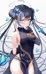 Rule 34 | 1girl, absurdres, aged up, black dress, black hair, blue archive, blue eyes, breasts, bug, butterfly, butterfly hair ornament, china dress, chinese clothes, double bun, dragon print, dress, gradient background, grey background, hair bun, hair ornament, halo, highres, insect, kisaki (blue archive), long hair, looking at viewer, medium breasts, pelvic curtain, sideboob, solo, thighs, twintails, yu lei