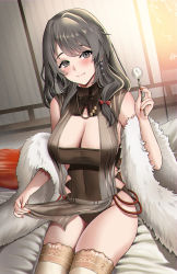 Rule 34 | 1girl, absurdres, azur lane, bed, bedroom, black dress, blush, bow, breasts, buko (bukosuki), charybdis (azur lane), charybdis (red chamber of healing) (azur lane), cleavage, closed mouth, covered navel, dress, earrings, feather boa, feet out of frame, fur, green hair, grey eyes, hair bow, highres, holding, jewelry, large breasts, lips, long hair, looking at viewer, mimikaki, nail polish, official alternate costume, on bed, orange nails, simple background, sitting, smile, solo, thighhighs, white thighhighs