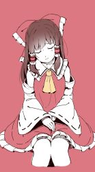 Rule 34 | 1girl, ascot, blush, bow, brown hair, collarbone, detached sleeves, closed eyes, female focus, flat color, hair bow, hair tubes, hakurei reimu, hands on lap, knees together feet apart, long hair, long sleeves, red background, satomachi, simple background, sitting, skirt, skirt set, solo, touhou, wide sleeves