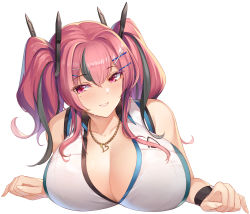 Rule 34 | 1girl, azur lane, bare shoulders, bow, breasts, bremerton (azur lane), bremerton (scorching-hot training) (azur lane), btraphen, cleavage, commentary, crop top, grey hair, hair between eyes, hair bow, hair ornament, hairclip, heart, heart necklace, highres, jewelry, large breasts, long hair, lying, mole, mole under eye, multicolored hair, necklace, on stomach, parted lips, pink eyes, pink hair, shirt, sleeveless, sleeveless shirt, solo, streaked hair, twintails, two-tone hair, two-tone shirt, upper body, x hair ornament