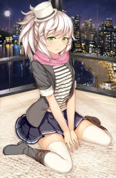 Rule 34 | 1girl, absurdres, black footwear, black jacket, black ribbon, black skirt, blouse, boots, building, buttons, carpet, city, city lights, cityscape, closed mouth, from side, full body, full moon, hallohi, hat, hat ribbon, highres, indoors, jacket, knee boots, long hair, looking at viewer, miniskirt, moon, night, night sky, on floor, open clothes, open jacket, original, pink scarf, ponytail, ribbon, scarf, shirt, short sleeves, sidelocks, sitting, skirt, sky, skyscraper, solo, striped clothes, striped shirt, thighhighs, top hat, undershirt, wariza, white hair, white hat, white thighhighs