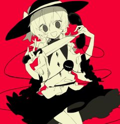 Rule 34 | 1girl, bad id, bad twitter id, dutch angle, eyeball, hat, hat ribbon, higa423, knife, komeiji koishi, long hair, long sleeves, looking at viewer, monochrome, phone, red background, ribbon, shirt, simple background, skirt, smile, solo, spot color, string, third eye, touhou, upskirt, wide sleeves