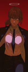 Rule 34 | 1girl, black jacket, black necktie, black pants, breasts, chainsaw man, collared shirt, cowboy shot, dress shirt, formal, gugong (90 un), halo, highres, jacket, jacket on shoulders, long hair, long sleeves, looking at viewer, makima (chainsaw man), medium breasts, necktie, orange eyes, pants, ponytail, red background, red hair, red halo, ringed eyes, shirt, simple background, solo, standing, white shirt
