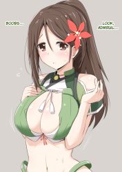 Rule 34 | 10s, 1girl, amagi (kancolle), blush, breasts, brown eyes, brown hair, check translation, cleavage, cleavage cutout, clothing cutout, female focus, flower, hair flower, hair ornament, hard-translated, kantai collection, kichihachi, large breasts, long hair, looking at viewer, navel, simple background, solo, third-party edit, translated, translation request