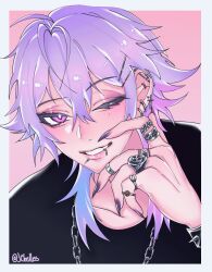 Rule 34 | 1boy, absurdres, androgynous, black shirt, blue hair, border, chain, chain necklace, commentary, ear piercing, earrings, english commentary, eyeshadow, gavis bettel, grey hair, hair between eyes, highres, holostars, holostars english, jch3lles, jewelry, lip piercing, lipgloss, looking at viewer, makeup, male focus, medium hair, mole, mole under eye, multicolored hair, multiple earrings, multiple rings, necklace, one eye closed, parted lips, piercing, pink background, pink eyeshadow, pink hair, pink lips, portrait, purple nails, ring, shirt, smile, solo, thick eyelashes, twitter username, virtual youtuber, white border