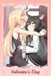 Rule 34 | 2girls, @ichigo, ahoge, animal ear fluff, animal ears, armpits, ass, bare shoulders, black hair, black ribbon, blonde hair, blush, cat ears, cat girl, cat tail, closed mouth, curtains, dress, eye contact, framed, from side, gloves, hair ribbon, hairband, happy valentine, highres, hug, indoors, kneeling, phyllis (human) (little witch nobeta), little witch nobeta, long hair, looking at another, multiple girls, nobeta, official art, phyllis (human) (little witch nobeta), phyllis (little witch nobeta), pink eyes, profile, red eyes, ribbon, short eyebrows, sitting, sleeveless, sleeveless dress, slit pupils, smile, tail, two-tone dress, valentine, wavy mouth, white gloves, window, yellow eyes, yuri