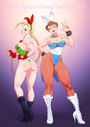 Rule 34 | 1990s (style), 2girls, ^ ^, adapted costume, animal ears, antenna hair, ass, bare legs, bare shoulders, blonde hair, blue eyes, boots, bracelet, braid, breasts, brown hair, cammy white, capcom, choker, chun-li, cleavage, closed eyes, collarbone, cross-laced footwear, detached collar, double bun, earrings, fake animal ears, fingerless gloves, gloves, hair bun, hand on own hip, happy, high heel boots, high heels, highres, hip focus, jewelry, jiggeh, knee boots, knees, lace-up boots, large breasts, legs, leotard, lips, long hair, long legs, multiple girls, muscular, muscular female, necklace, necktie, pantyhose, pelvic curtain, playboy bunny, rabbit ears, retro artstyle, sash, scar, short hair, smile, spiked bracelet, spikes, stiletto heels, street fighter, street fighter ii (series), studded bracelet, thick thighs, thighs, thong leotard, thumbs up, toned, twin braids, v, wrist cuffs