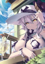 Rule 34 | 1girl, absurdres, abyssal ship, arm up, bare shoulders, bell, blue sky, breasts, buckle, chain, cloud, collarbone, colored skin, cosplay, day, drinking straw, flower, food, fruit, glass, hair between eyes, hand on headwear, hat, hat flower, highres, ice, large breasts, leaf, lime (fruit), long hair, looking at viewer, original, outdoors, seaport summer princess, shade, sky, solo, sun hat, white hair, white hat, white skin, wristband, yellow eyes, zelitto