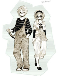Rule 34 | 1boy, 1girl, anzu (o6v6o), blouse, dual persona, full body, genderswap, genderswap (ftm), glasses, greyscale, gumi, hair ornament, hairband, hairpin, hand in pocket, horizontal-striped background, jewelry, layered sleeves, long sleeves, looking at viewer, monochrome, mouth hold, overalls, pants, pants rolled up, pendant, shirt, shoes, short hair with long locks, short over long sleeves, short sleeves, striped clothes, striped shirt, suspenders, suspenders slip, thumb in pocket, translation request, vertical stripes, vocaloid