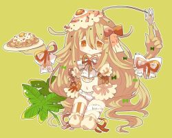 Rule 34 | 1girl, amputee, blonde hair, blush stickers, bow, commentary request, expressionless, food, food on hair, food on head, green background, green bow, hair between eyes, hair bow, hair ornament, hairclip, long hair, navel, neck ribbon, no nose, object on head, orange bow, orange eyes, orange ribbon, original, outline, panties, pasta, personification, prehensile hair, quadruple amputee, ribbon, simple background, solo, spaghetti, underwear, usagi nui, white outline, white panties