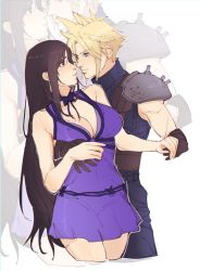 Rule 34 | 1boy, 1girl, armor, bare arms, bare shoulders, black hair, blonde hair, blue eyes, breasts, cleavage, cloud strife, couple, cowboy shot, dress, earrings, final fantasy, final fantasy vii, final fantasy vii remake, gloves, hug, jewelry, large breasts, long hair, looking at another, neck ribbon, official alternate costume, pudelmudel, red eyes, ribbon, shoulder armor, sleeveless, sleeveless dress, sleeveless turtleneck, spiked hair, square enix, tifa lockhart, tifa lockhart (refined dress), turtleneck, wall market