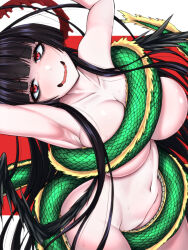 Rule 34 | 1girl, armpits, arms up, bags under eyes, black hair, black wings, blood, blood halo, blue archive, blush, breasts, chinese zodiac, collarbone, completely nude, convenient censoring, dragon, eastern dragon, halo, highres, koutarou (plusdrive), large breasts, liquid halo, long hair, looking at viewer, low wings, melting halo, navel, nude, open mouth, presenting armpit, red eyes, red halo, smile, solo, sweat, tsurugi (blue archive), wavy mouth, wings, year of the dragon