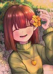 Rule 34 | 1other, ^ ^, blush, brown hair, chara (undertale), closed eyes, facing viewer, flower, gold necklace, green sweater, hair flower, hair ornament, happy, heart, heart necklace, highres, jewelry, leaf, locket, looking at viewer, necklace, open mouth, pendant, pink flower, short hair, smile, solo, striped clothes, striped sweater, sweater, tomato (suzuzunnda10), turtleneck, undertale, yellow flower