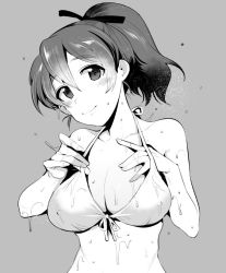 Rule 34 | 10s, 1girl, adjusting clothes, adjusting swimsuit, bad id, bad twitter id, bikini, breasts, cleavage, closed mouth, commentary request, front-tie bikini top, front-tie top, girls und panzer, greyscale, hair ribbon, hand under clothes, hand under swimsuit, head tilt, koyama yuzu, large breasts, looking at viewer, monochrome, nakasone haiji, ribbon, short hair, short ponytail, smile, solo, swimsuit, upper body, wet, wet clothes, wet hair, wet swimsuit