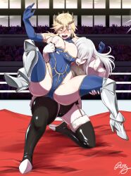 Rule 34 | 2girls, absurdres, armored boots, artoria pendragon (fate), artoria pendragon (lancer) (fate), ass, black footwear, black leotard, blonde hair, blue gloves, blue leotard, blue thighhighs, blush, boots, breasts, cleavage, cleavage cutout, clothing cutout, covered navel, crown, deep skin, elbow gloves, fate/grand order, fate (series), fighting, freia kagami, fur-trimmed boots, fur-trimmed gloves, fur trim, gloves, gluteal fold, grabbing, grabbing another&#039;s breast, green eyes, grey hair, hair between eyes, hanabusa (xztr3448), heattech leotard, highleg, highleg leotard, highres, large breasts, leotard, long hair, multiple girls, open mouth, sidelocks, signature, smile, spread legs, sweat, thick thighs, thigh boots, thighhighs, thighs, turtleneck, wrestle angels, wrestling, wrestling ring