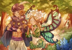 Rule 34 | 1boy, 1girl, absurdres, bandaged arm, bandages, blonde hair, braid, butterfly wings, cape, closed eyes, closed mouth, eating, fairy, fairy wings, fantasy, feathers, flower, food, forest, fruit, hakumai (hakumai art), head wreath, highres, holding, ingway (odin sphere), insect wings, looking at viewer, medium hair, mercedes (odin sphere), nature, odin sphere, plant, pointy ears, puff and slash sleeves, puffy sleeves, purple cape, purple eyes, sash, smile, tree, turban, wings