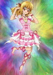 Rule 34 | 1girl, blonde hair, brown eyes, dress, full body, highres, jewelry, long hair, luana morado, mermaid melody pichi pichi pitch, nanami lucia, necklace, open mouth, pink dress, pink skirt, shell, shell necklace, skirt, smiley face