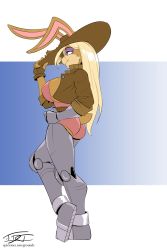 Rule 34 | 1girl, absurdres, aged up, blonde hair, breasts, bunnie rabbot, cowboy hat, cowboy western, cyborg, female focus, fur, furry, furry female, gloves, green eyes, hand on own hip, hat, highres, holding hands, jacket, large breasts, long hair, looking to the side, makeup, mechanical arms, mechanical legs, prosthesis, rabbit ears, rabbit girl, rabbit tail, sideboob, single mechanical arm, solo, sonic (series), swimsuit