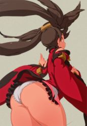 Rule 34 | 1girl, ass, bare shoulders, breasts, brown eyes, brown hair, china dress, chinese clothes, curvy, detached sleeves, dress, guilty gear, guilty gear xrd, huge ass, jacqli (jacqliart), kuradoberi jam, large breasts, long hair, panties, simple background, skirt, solo, thick thighs, thighs, underwear, very long hair, white panties, wide hips
