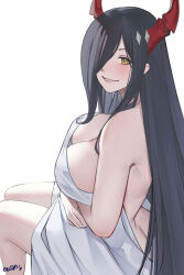 Rule 34 | 1girl, absurdres, arms under breasts, ass, azur lane, bed sheet, black hair, blush, breasts, butt crack, cleavage, commentary request, covering privates, friedrich der grosse (azur lane), hair over one eye, highres, horns, large breasts, long hair, looking at viewer, mature female, mechanical horns, milephunter, naked sheet, nude, nude cover, one eye covered, parted lips, red horns, sidelocks, signature, simple background, sitting, solo, straight hair, teeth, very long hair, white background, yellow eyes