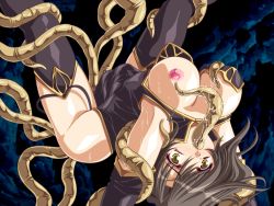 Rule 34 | 1girl, all the way through, black hair, breasts, brown hair, clothed sex, female focus, game cg, nipples, stomach bulge, tamiya akito, tentacle sex, tentacles, thighhighs, vaginal, yellow eyes