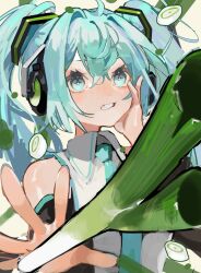 Rule 34 | 1girl, aqua eyes, aqua hair, aqua nails, aqua necktie, bright pupils, clenched teeth, collared shirt, commentary, cross-shaped pupils, floating, floating object, food focus, foreshortening, hair ornament, hand on own cheek, hand on own face, hand up, hatsune miku, headphones, highres, light blush, long hair, looking at viewer, messy hair, necktie, outstretched hand, parted lips, shirt, simple background, sleeveless, sleeveless shirt, solo, sutyura, symbol-shaped pupils, teeth, twintails, upper body, vocaloid, white background, white pupils, white shirt
